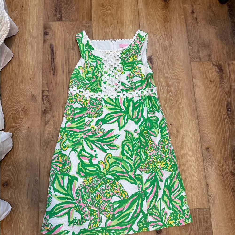 Lilly Pulitzer White Shift Dress with Green, Pink & Yellow Tropical Print